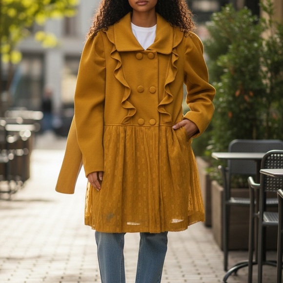 Daisy Double A'reve pea coat in yellow with lace details. Size lLarge - Picture 4 of 7